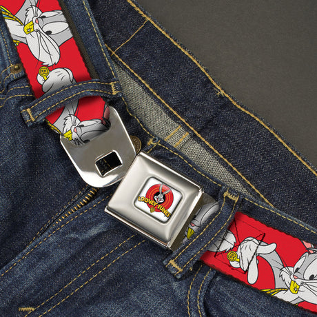 Looney Tunes Logo Full Color White Seatbelt Belt - Bugs Bunny Hip Hop Pose Red Webbing