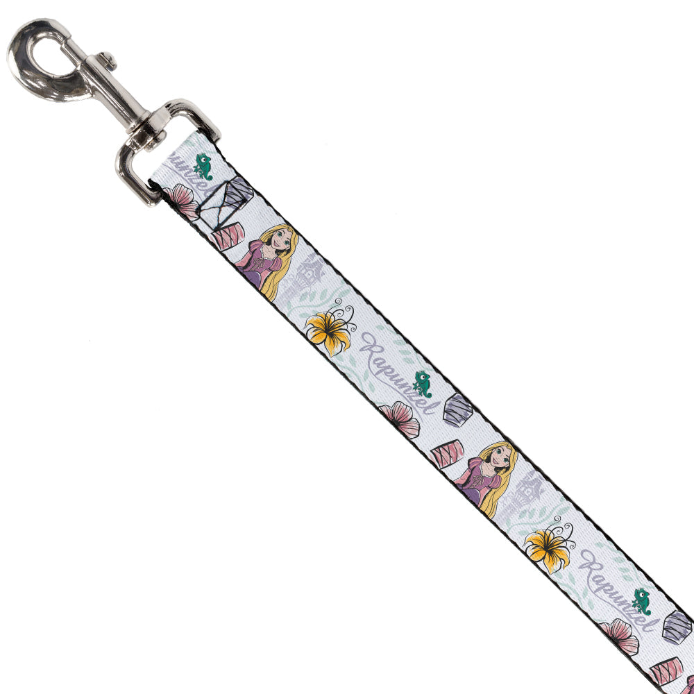 Dog Leash - Rapunzel Castle and Pascual Pose with Script and Flowers White/Purples