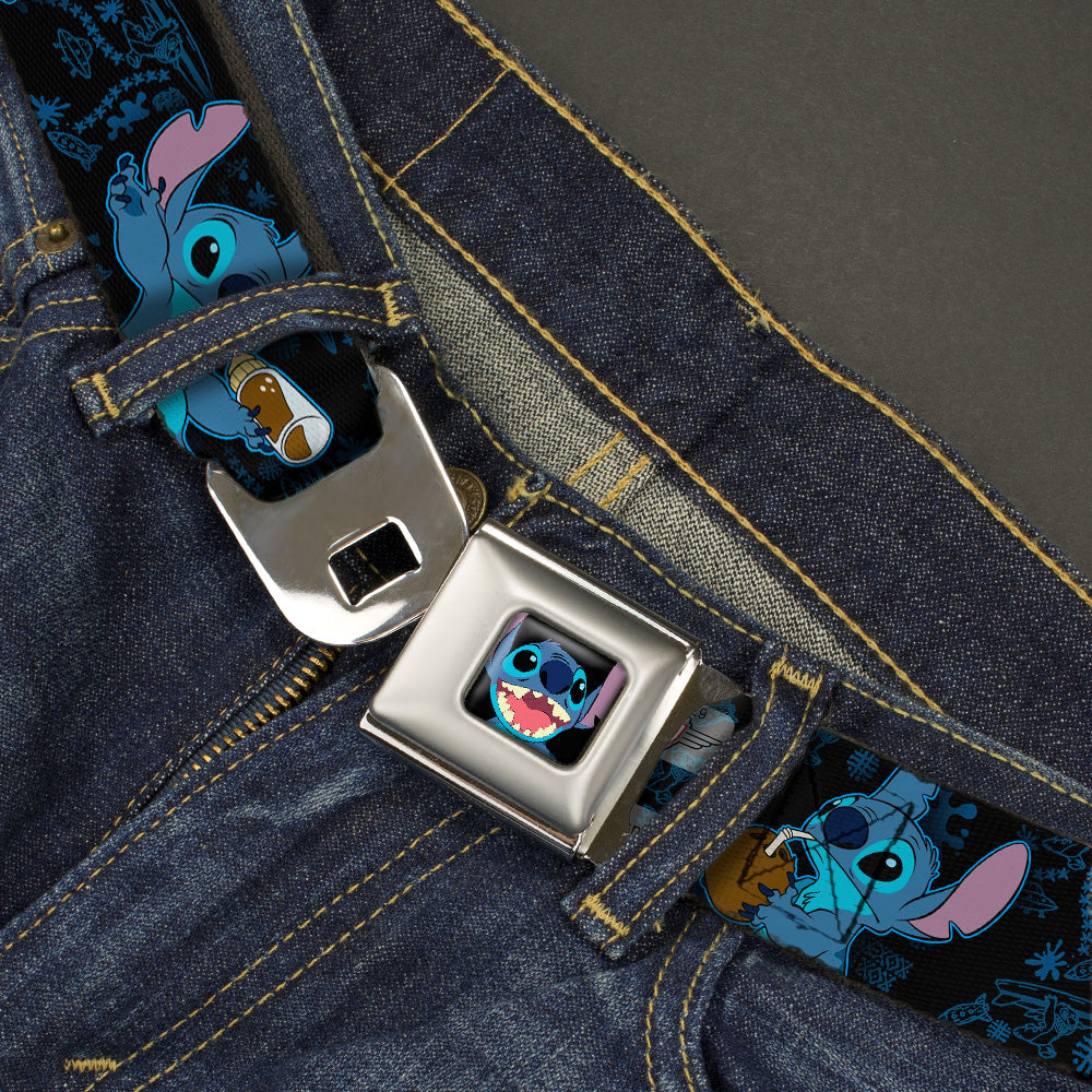 Stitch Smiling CLOSE-UP Full Color Black Seatbelt Belt - Stitch Snacking Poses Black/Blue Webbing