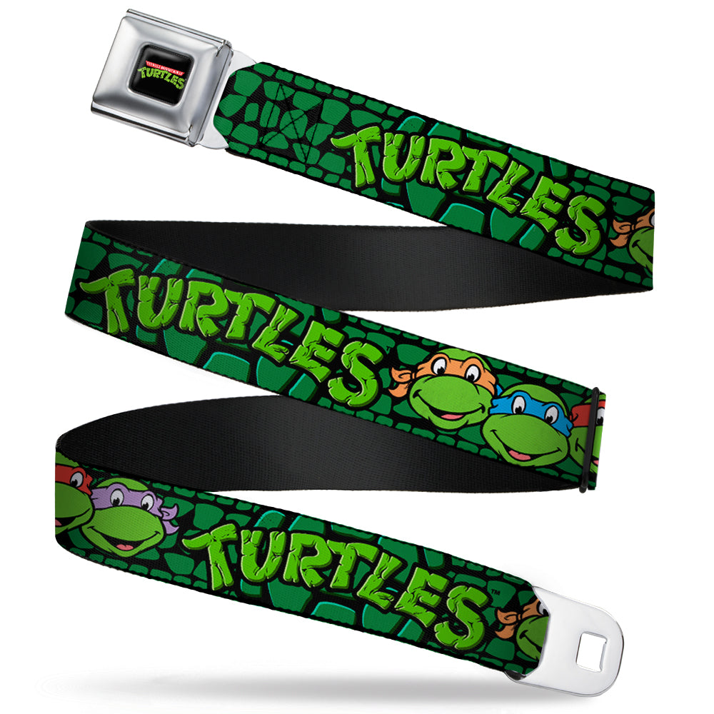 Classic TMNT Logo Full Color Seatbelt Belt - Classic Teenage Mutant Ninja Turtles Group Faces/TURTLES Turtle Shell Black/Green Webbing