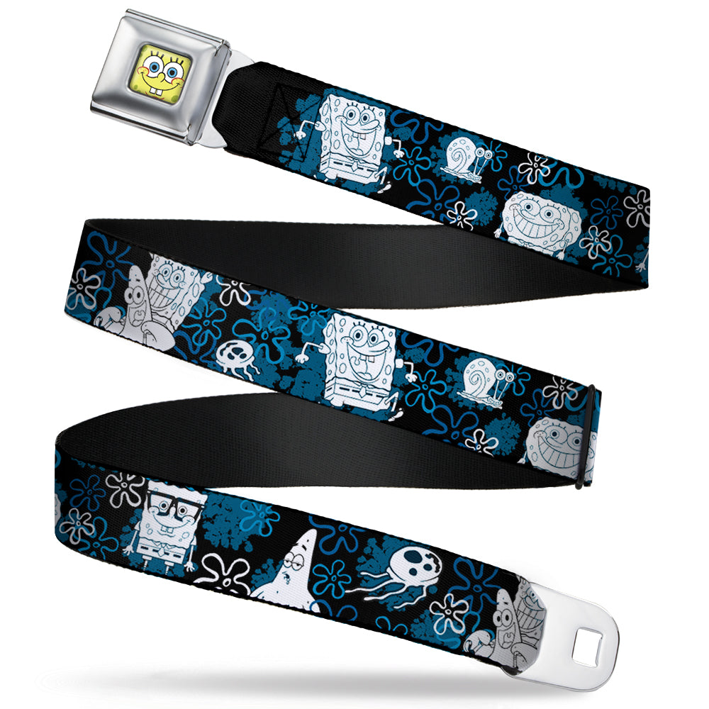 Sponge Bob Face CLOSE-UP Full Color Seatbelt Belt - SpongeBob, Patrick Starfish & Gary the Snail/Flowers Black/Blue/White Webbing