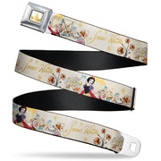 Disney Princess Crown Full Color Golds Seatbelt Belt - Snow White and the Seven Dwarfs with Script and Flowers Yellows Webbing