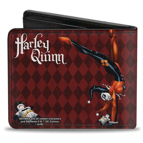 Bi-Fold Wallet - HARLEY QUINN w Batman Voodoo Doll Holding Bomb + Hand Stand Diamonds Reds White