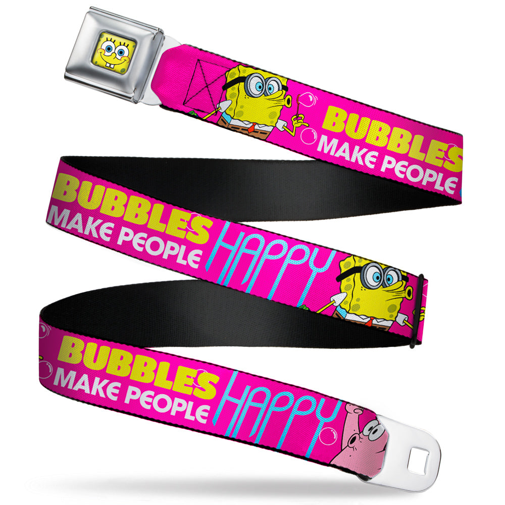 Sponge Bob Face CLOSE-UP Full Color Seatbelt Belt - Patrick Starfish Pose BUBBLES MAKE PEOPLE HAPPY Pink/Yellow/White/Blue Webbing