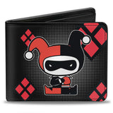 Bi-Fold Wallet - Chibi Harley Quinn Splits Dots Diamonds Black Gray Red