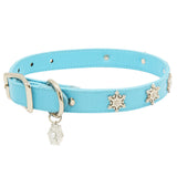 Vegan Leather Dog Collar - Frozen 2 Light Blue PU w Snowflake Embellishments & Metal Charm