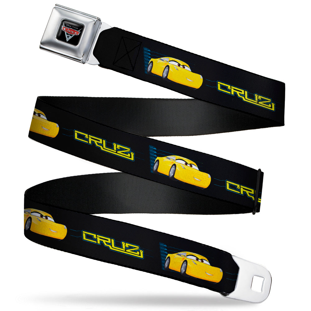 CARS 3 Emblem Full Color Black Silver Red Seatbelt Belt - Cars 3 CRUZ Car Profile Black/Blue/Yellow Webbing