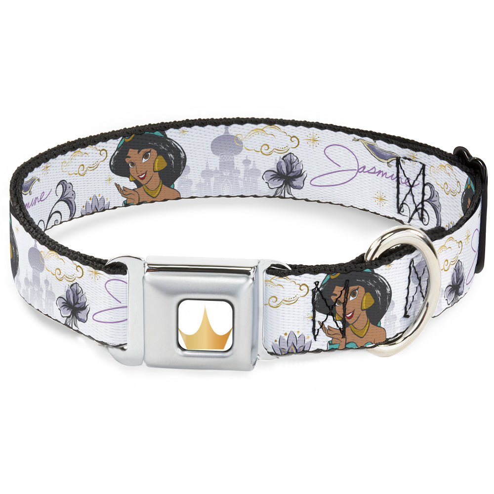 Disney Princess Crown Full Color Golds Seatbelt Buckle Collar - Aladdin Jasmine Palace Pose with Script and Flowers White/Purples