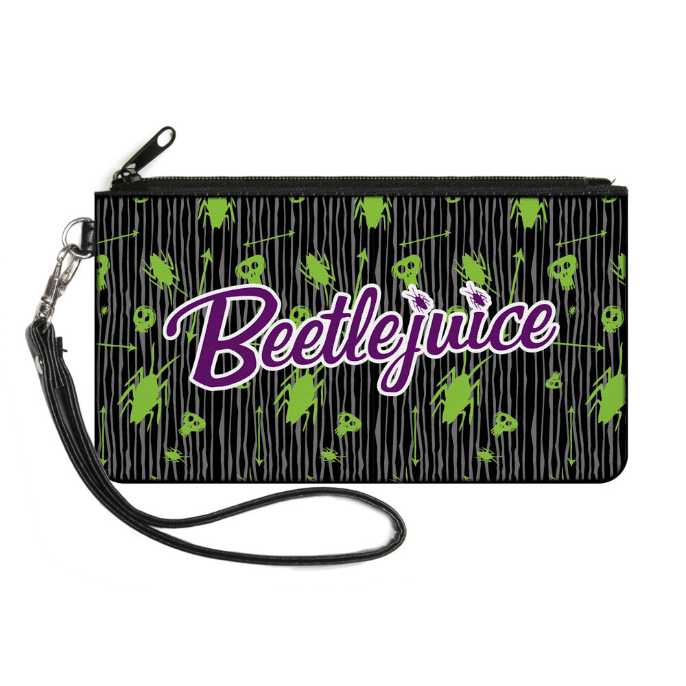 Canvas Zipper Wallet - LARGE - BEETLEJUICE Roach Skull Doodles Collage Black Gray Green Purple