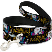 Dog Leash - White Rabbit Poses LOOKING FOR WONDERLAND/Clocks Black/Golds