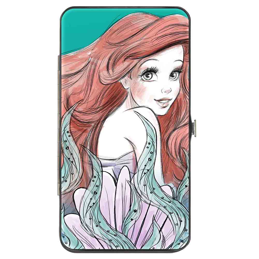 Hinged Wallet - The Little Mermaid Ariel Over Shoulder2 + Flounder Sketch Poses Kelp Blues