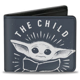 Bi-Fold Wallet - Star Wars THE CHILD Stylized Pose THE FORCE IS STRONG WITH THIS LITTLE ONE Gray White