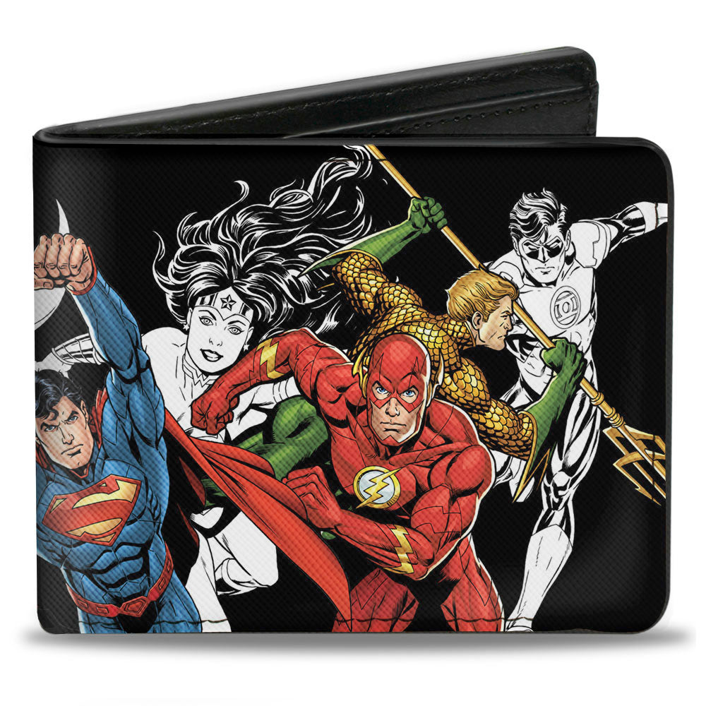 Bi-Fold Wallet - Justice League New 52 5-Superhero Double Action Poses Black White Full Color