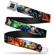 Justice League of America Reverse Brushed Black Silver Seatbelt Belt - Justice League New 52 Superhero Action Poses Webbing