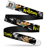 Fred Face Full Color Black Seatbelt Belt - THE FLINTSTONES Fred Bowling Poses/Bowling Pins Black Webbing