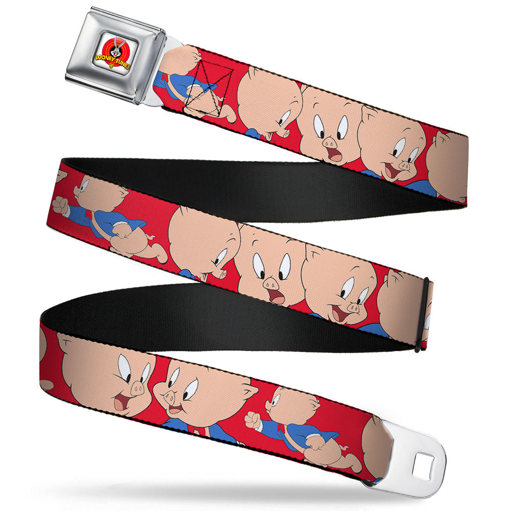 Looney Tunes Logo Full Color White Seatbelt Belt - Porky Pig Expressions Red Webbing