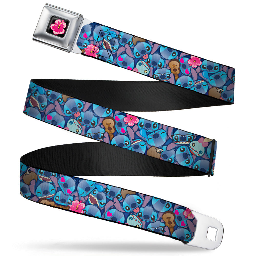 Hibiscus Flower Full Color Black Pinks Seatbelt Belt - Stitch Expressions/Hibiscus Flower/Ukulele Stacked Blues Webbing