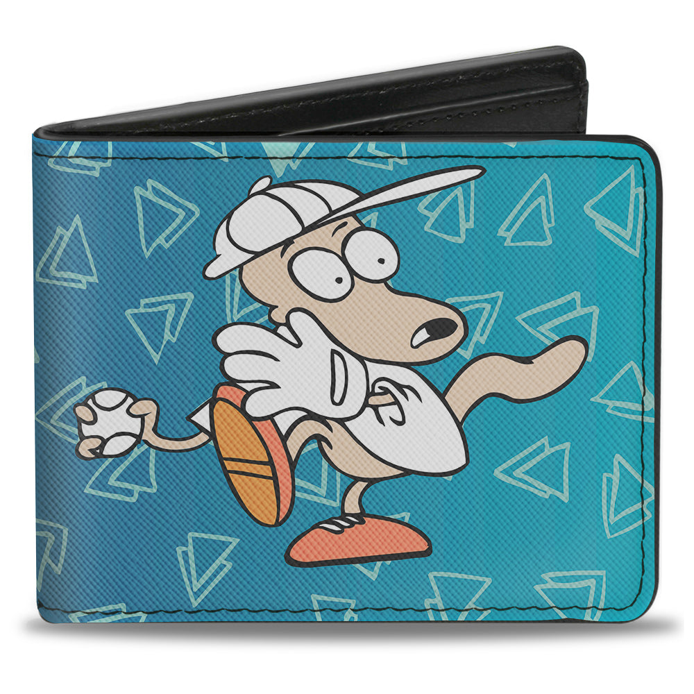 Bi-Fold Wallet - Rocko & Spunky Pose2 + Icon Sketches Logo Turquoise White