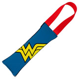 Dog Toy Squeaky Tug Toy - Wonder Woman JL Rebirth Face + WW Icon CLOSE-UP Blue Red - RED Webbing