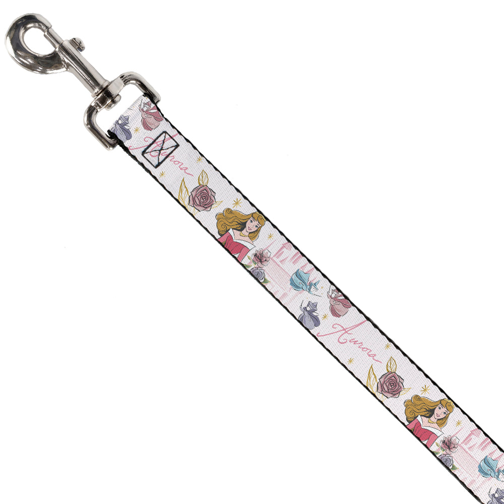 Dog Leash - Sleeping Beauty Aurora Castle and Fairy Godmothers Pose with Script and Flowers White/Pinks