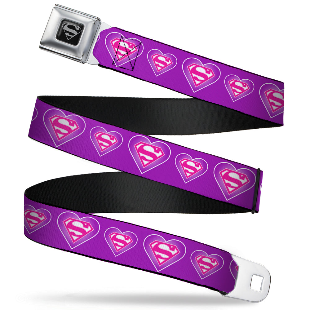 Superman Black Silver Seatbelt Belt - Superman Logo in Heart Purple/White/Pink Webbing