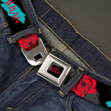 Disney MULAN Logo Full Color Black/Red Seatbelt Belt - MULAN Text/Kanji/Flower Black/Gray/Turquoise/Red Webbing