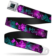 HARLEY QUINN Full Color Black Turquoise Seatbelt Belt - HARLEY QUINN Pow & Aiming Poses/Joker Sketch Black/Turquoise/Fuchsia Webbing