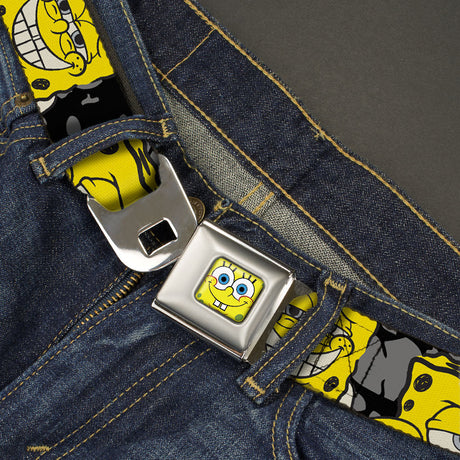 Sponge Bob Face CLOSE-UP Full Color Seatbelt Belt - SpongeBob 4-CLOSE-UP Expressions/Crackle Black/Gray/Yellow Webbing