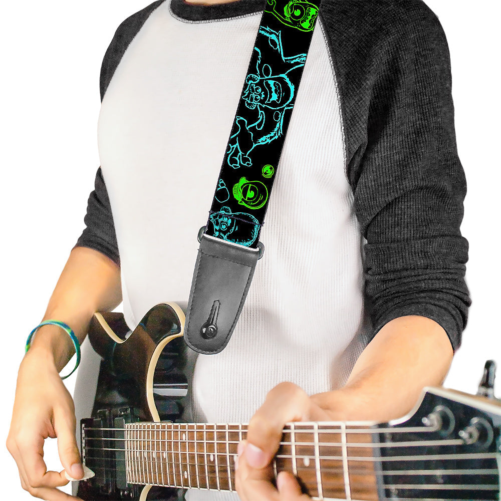 Guitar Strap - Monsters Inc Sully & Mike Poses GRRRRR! Black Turquoise Green