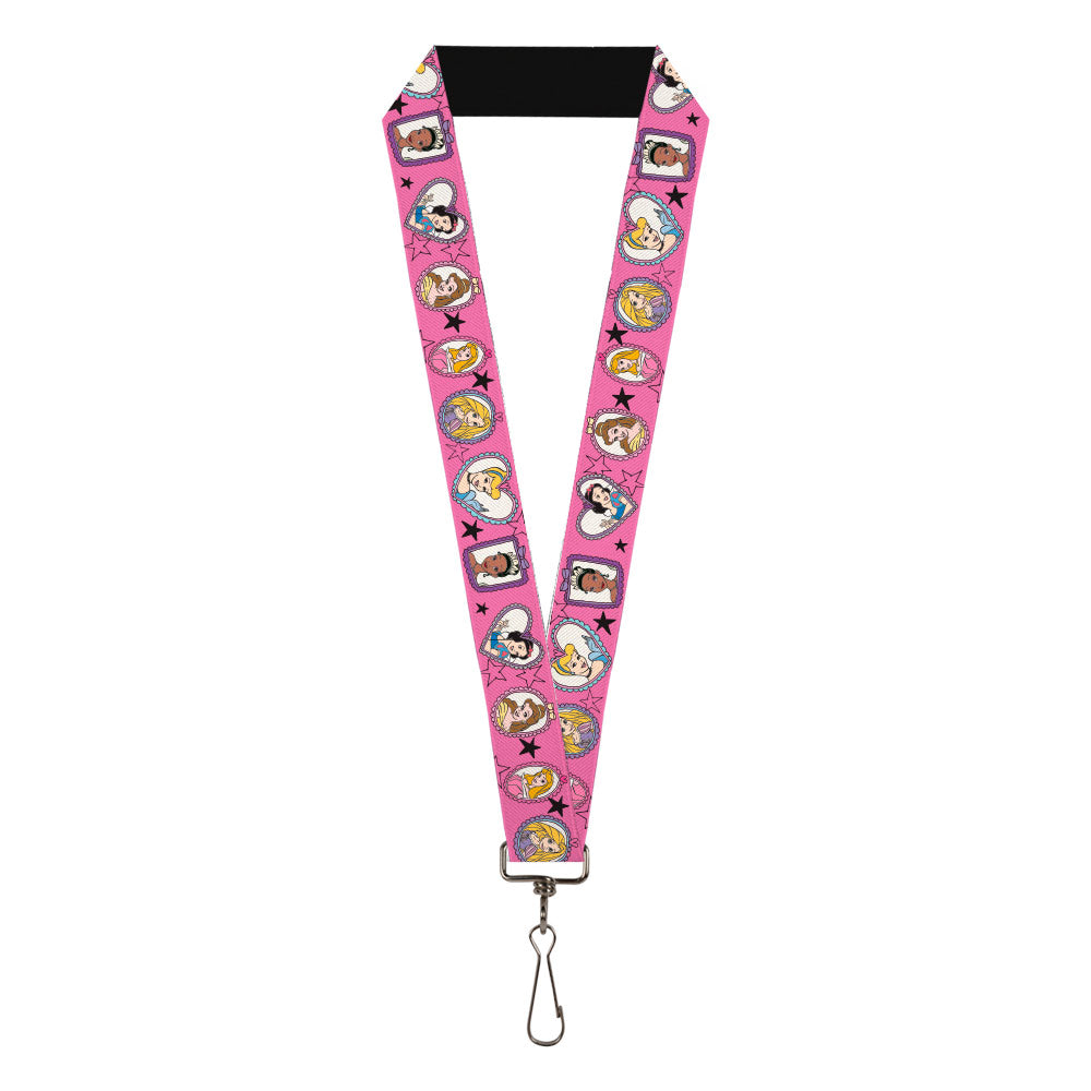 Lanyard - 1.0" - Disney Princess 6-Portrait Poses and Stars Pink Black