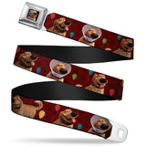 Dug Tongue Out Pose Full Color Black Seatbelt Belt - Dug 4-Poses/Balloons/Paw Print Reds Webbing