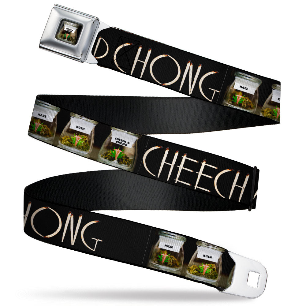 CHEECH & CHONG Vivid Weed Jar Full Color Seatbelt Belt - CHEECH AND CHONG Joints Text/3-Vivid Weed Jars Black Webbing