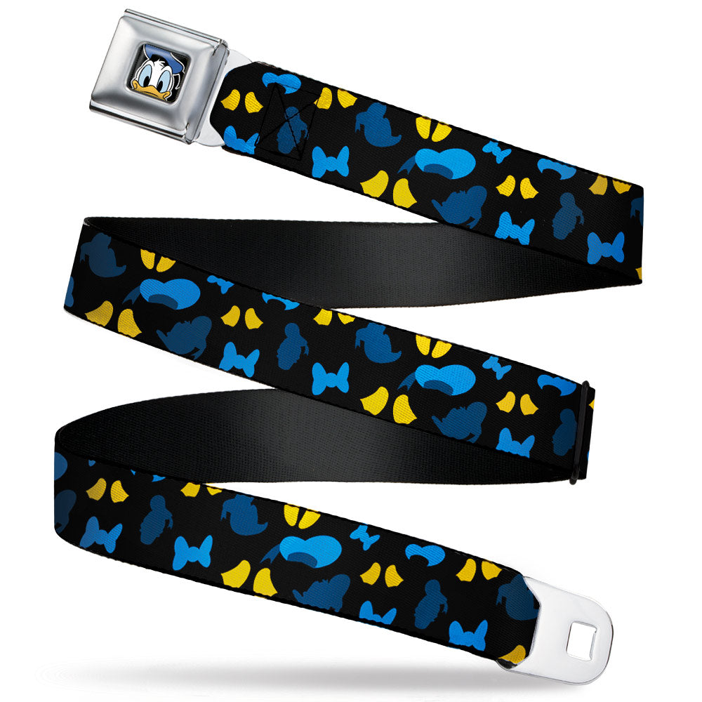 Donald Duck Face CLOSE-UP Full Color Seatbelt Belt - Donald Duck Elements Scattered Black/Blues/Yellow Webbing