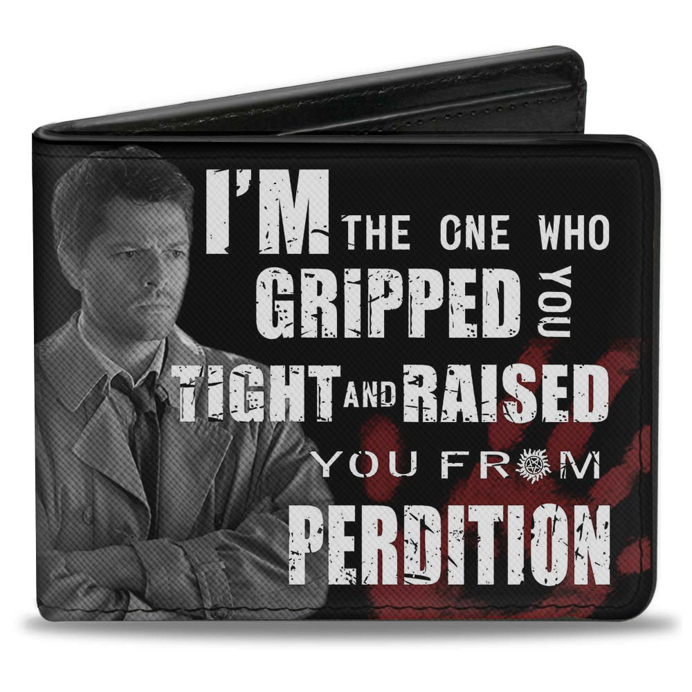 Bi-Fold Wallet - Castiel Pose I'M THE ONE WHO GRIPPED YOU TIGHT AND RAISED YOU FROM PERDITION + SUPERNATURAL Black Grays Red White