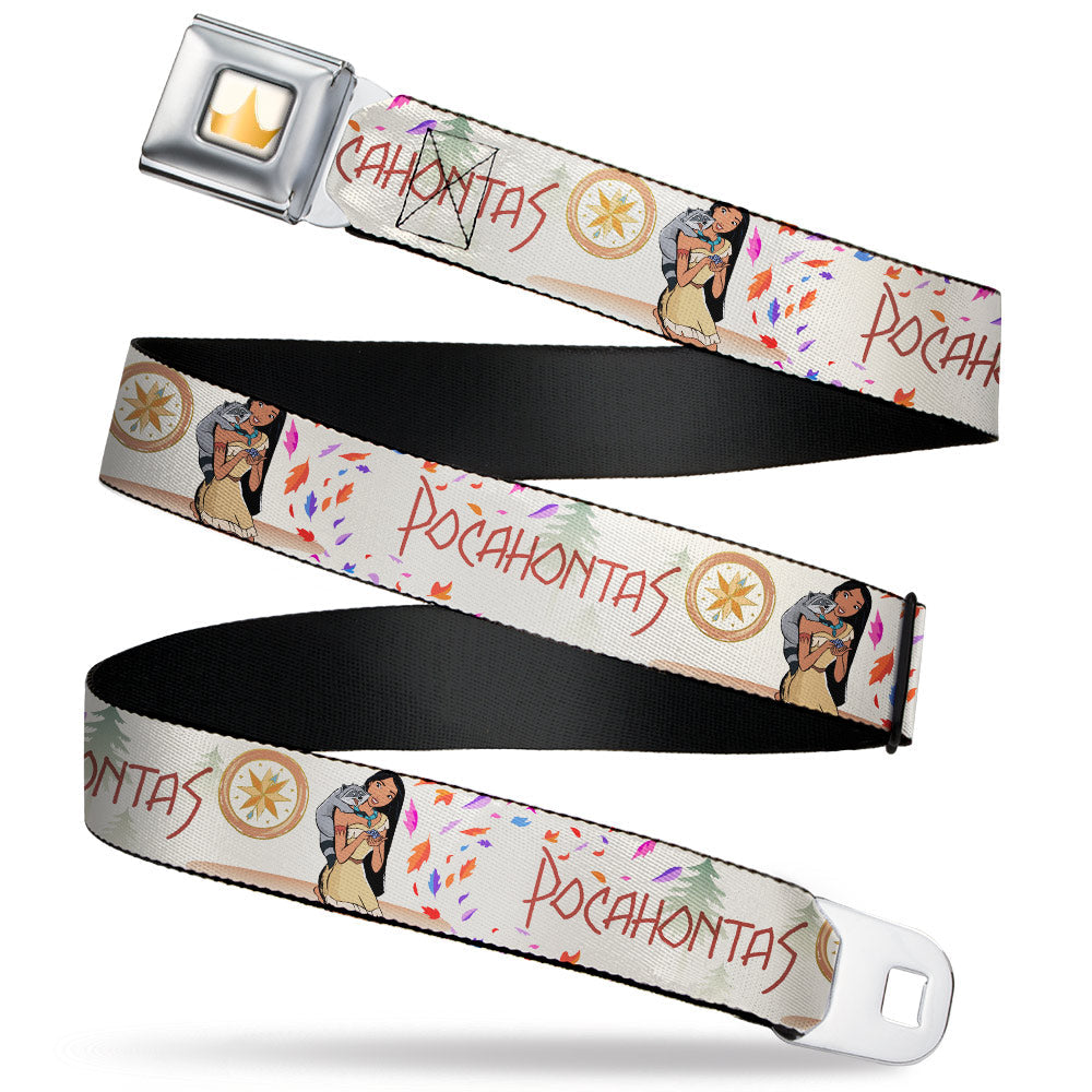 Disney Princess Crown Full Color Golds Seatbelt Belt - Pocahontas and Meeko Compass Pose with Script and Leaves Beige Webbing