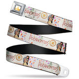 Disney Princess Crown Full Color Golds Seatbelt Belt - Pocahontas and Meeko Compass Pose with Script and Leaves Beige Webbing