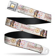 Disney Princess Crown Full Color Golds Seatbelt Belt - Pocahontas and Meeko Compass Pose with Script and Leaves Beige Webbing