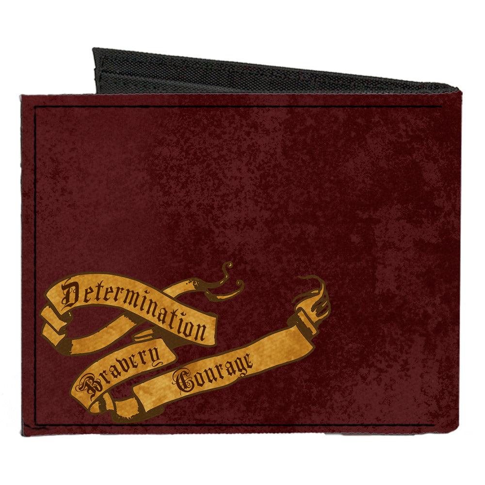 Canvas Bi-Fold Wallet - GRYFFINDOR Lion Crest + DETERMINATION BRAVERY COURAGE Banner Burgundy Reds Golds