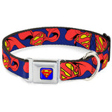 Superman Full Color Blue Seatbelt Buckle Collar - Superman Shield w/Cape