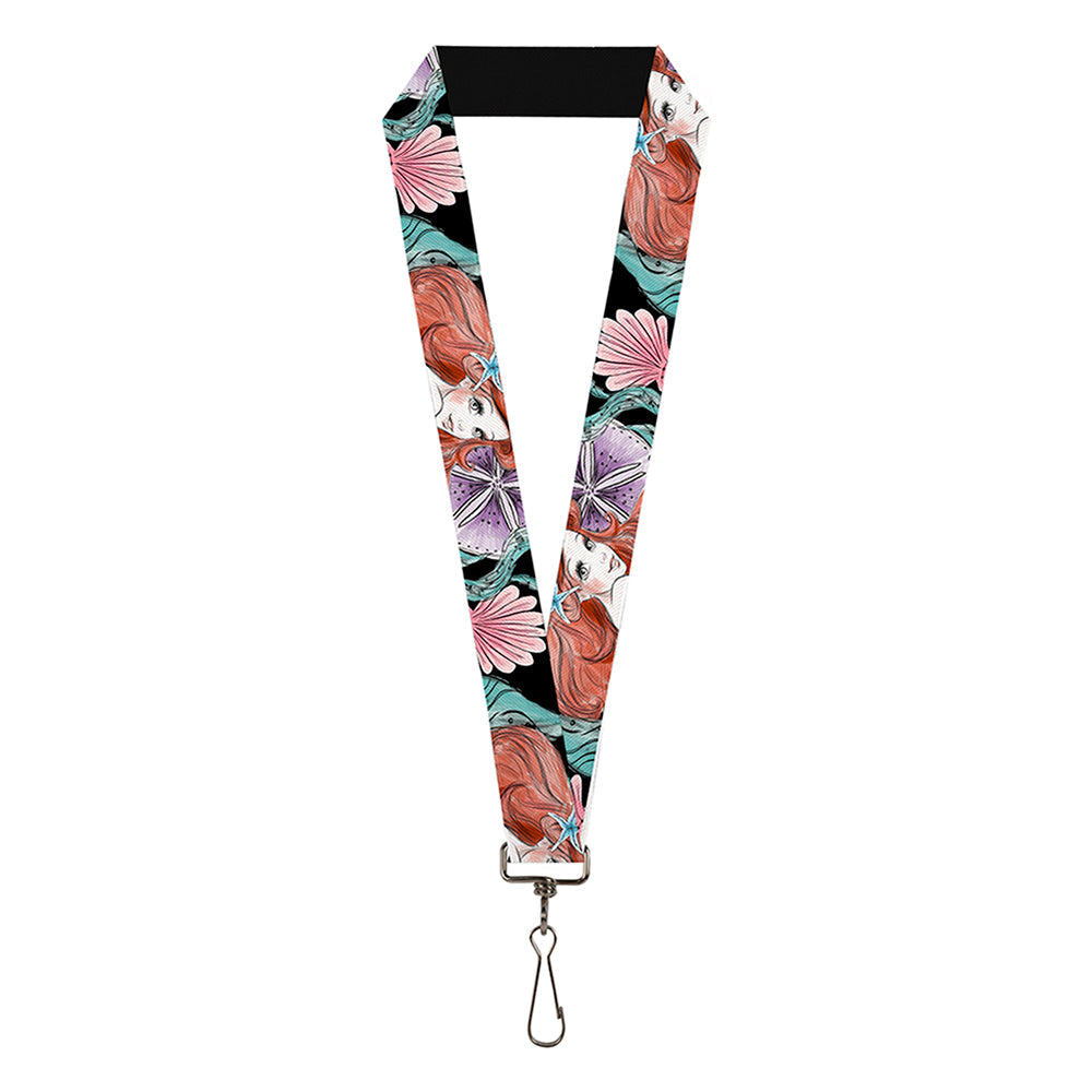 Lanyard - 1.0" - The Little Mermaid Ariel Over Shoulder Sketch Pose Shells Black Pinks