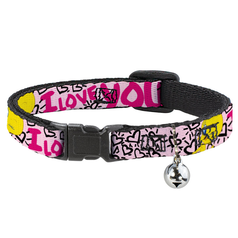 Cat Collar Breakaway - Tweety Bird I LOVE YOU Pink Black