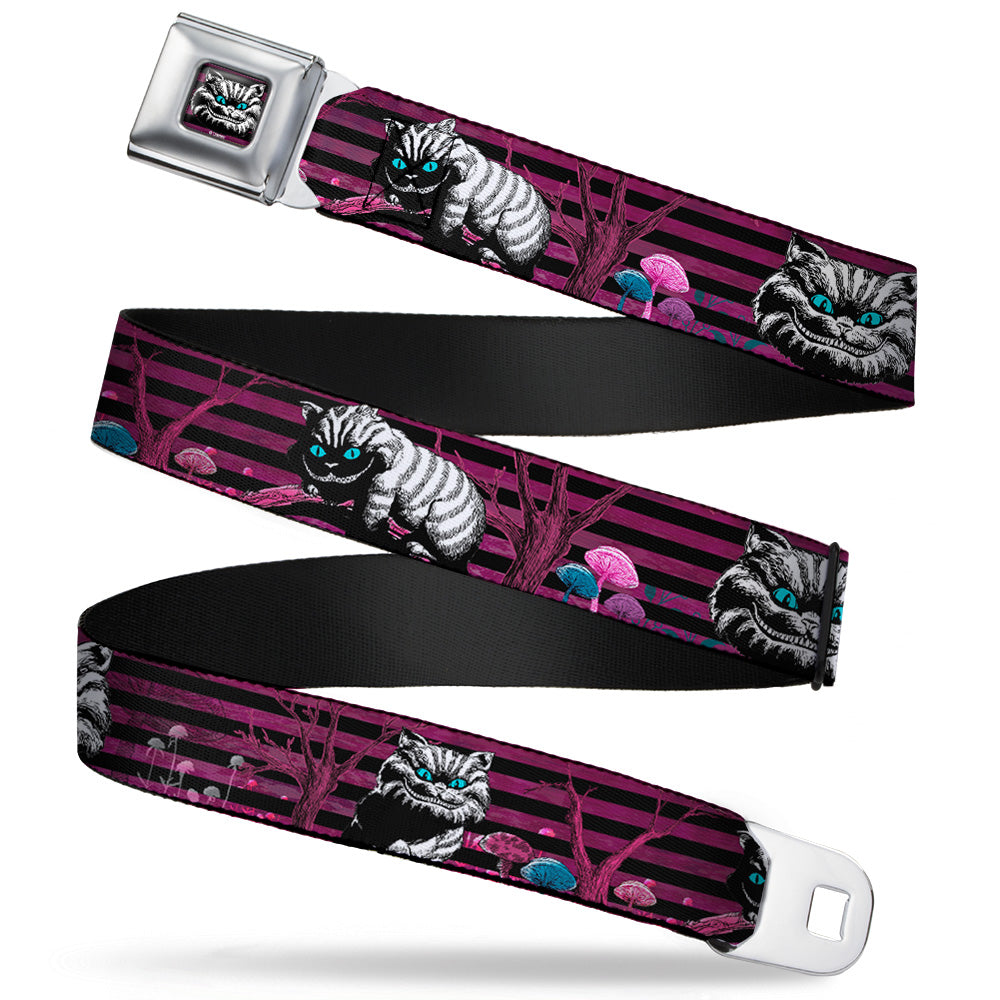 Cheshire Cat Face Stripe Full Color Purple Black White Seatbelt Belt - Cheshire Cat Face/Poses Stripe Purple/Black/White Webbing