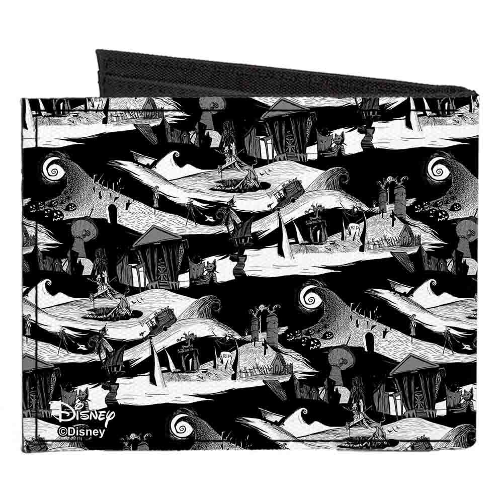 Canvas Bi-Fold Wallet - Jack Expression13 CLOSE-UP Halloween Town Scenes Black White Grays