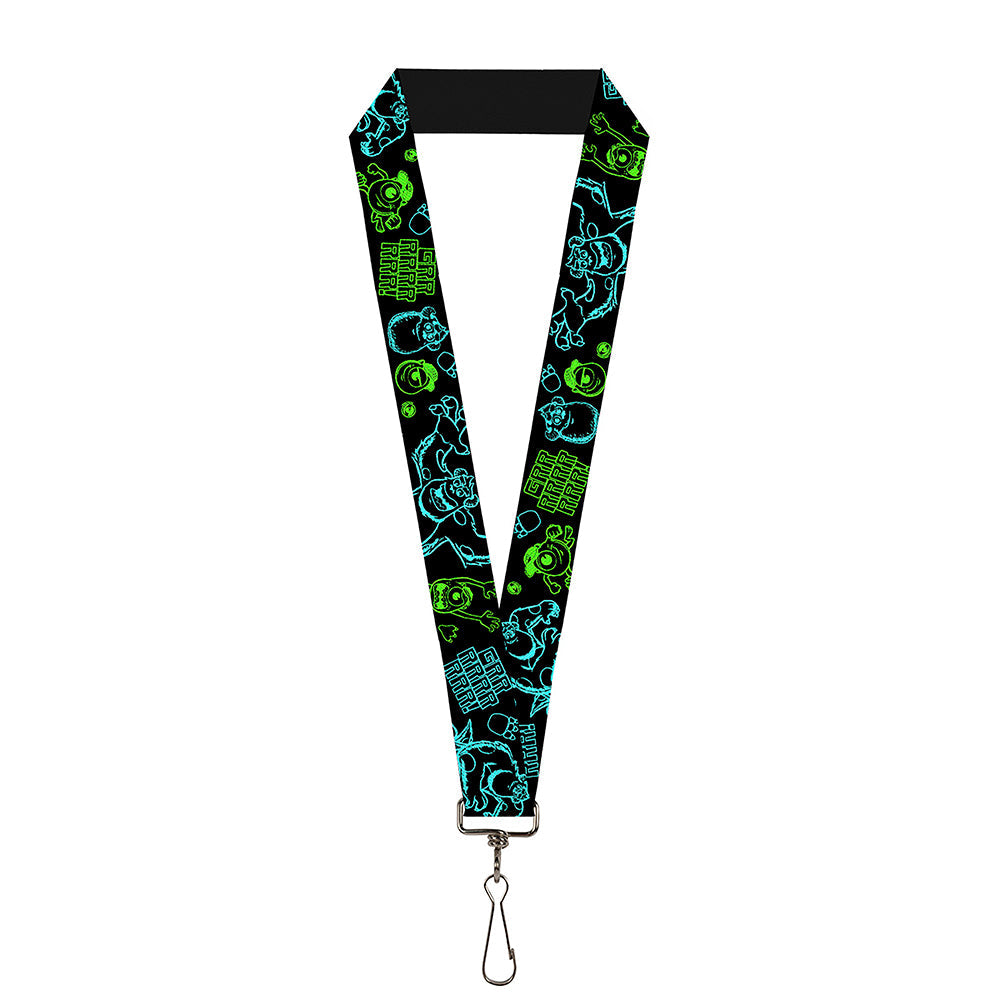 Lanyard - 1.0" - Monsters Inc Sully & Mike Poses GRRRRR! Black Turquoise Green