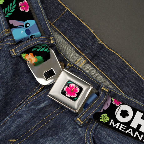 Lilo & Stitch Hibiscus Flower Full Color Black/Pink Seatbelt Belt - OHANA MEANS FAMILY/Stitch & Scrump Poses/Tropical Flora Black/White/Multi Color Webbing