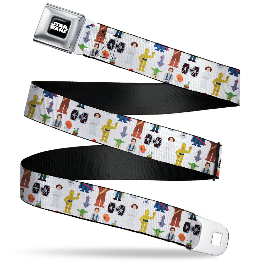 STAR WARS Logo Full Color Black/White Seatbelt Belt - Star Wars Classic Characters and Icons Collage White Webbing