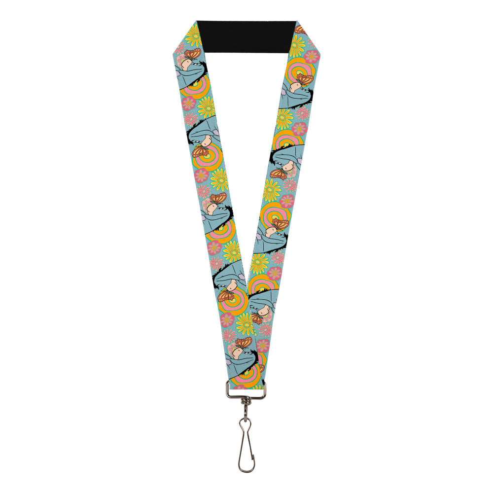 Lanyard - 1.0" - Winnie the Pooh Eeyore Butterfly Pose Floral Collage Blue Pinks Yellows