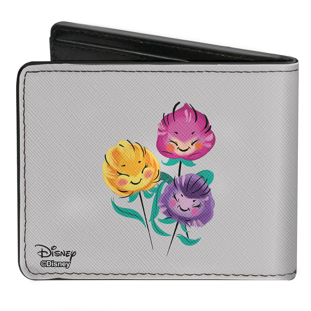 Bi-Fold Wallet - Alice Pose Cheshire Cat Face Flowers of Wonderland2 + Flower Trio Gray Multi Color