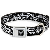 Superman Black Silver Seatbelt Buckle Collar - Superman Shield Splatter Black/White