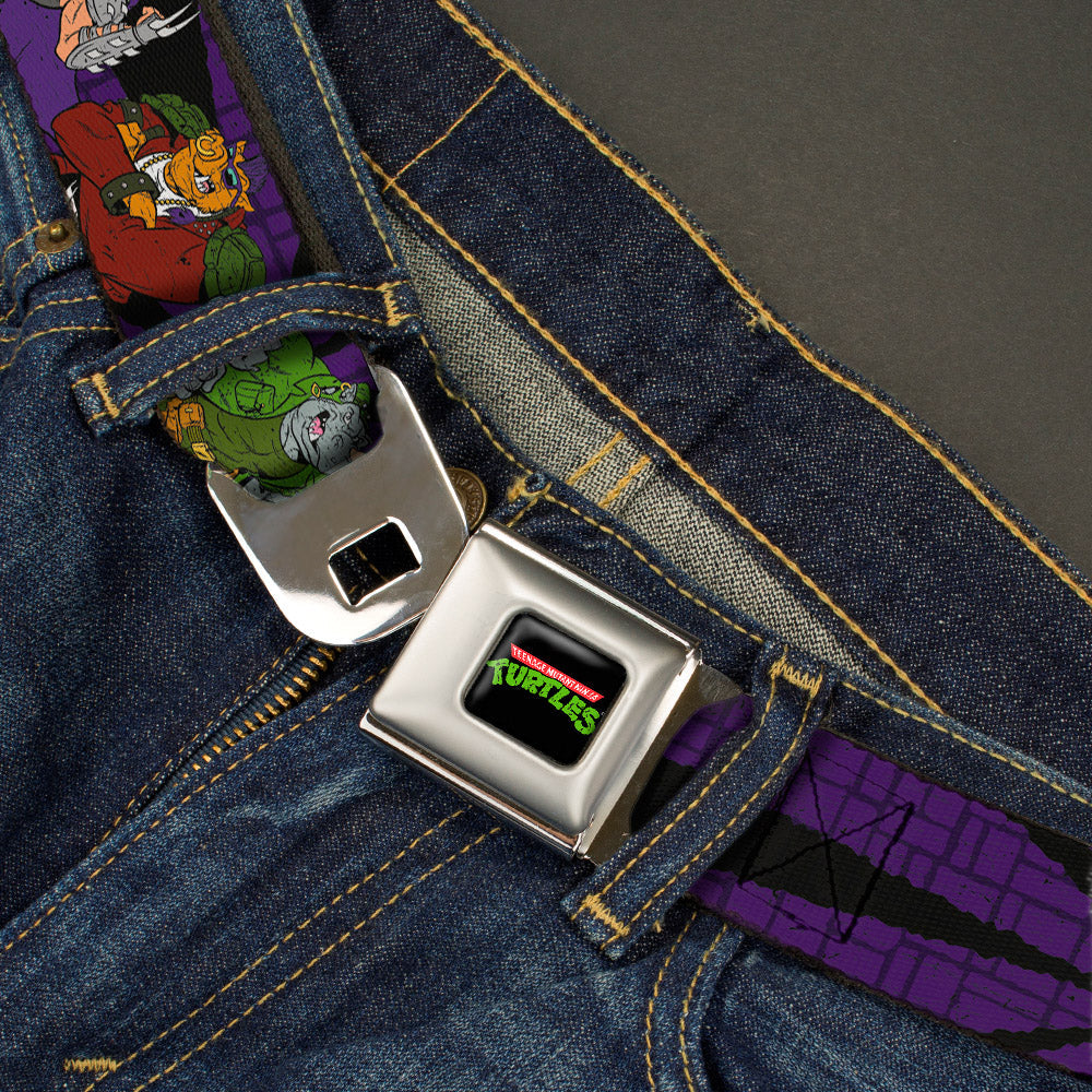 Classic TMNT Logo Full Color Seatbelt Belt - Classic Teenage Mutant Ninja Turtles Group & Villain Poses Purple Webbing